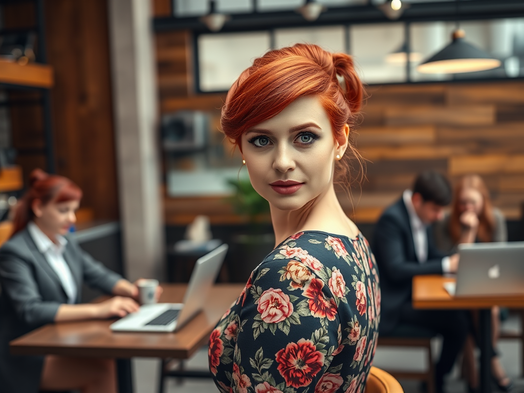 Een vrouw met een bloemenpatroon op haar jurk kijkt om terwijl anderen aan hun laptops werken in een moderne kantooromgeving.