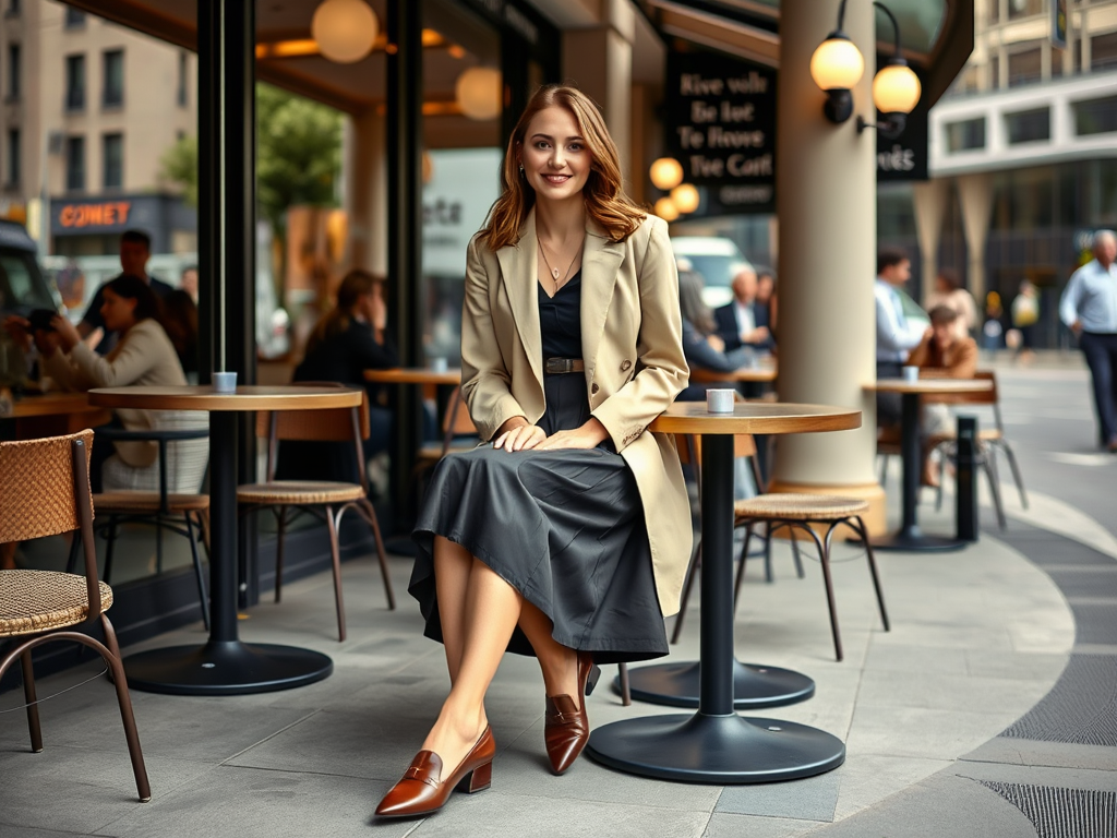 Een vrouw in een beige jasje zit in een café, met een zwarte jurk en een glimlach, omringd door mensen.