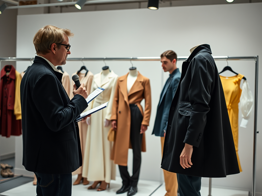 Een man spreekt in een modepresentatie met kledingstukken op hangers op de achtergrond.