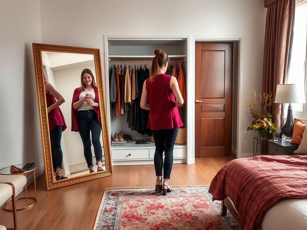 Een vrouw in een spiegel kijkt naar haar outfit terwijl ze een drankje vasthoudt, met een kast op de achtergrond.