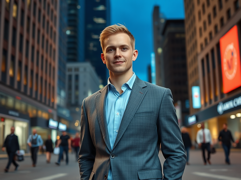 Een jonge man in een blauw overhemd en grijs pak staat op een drukke straat in de stad tijdens de schemering.