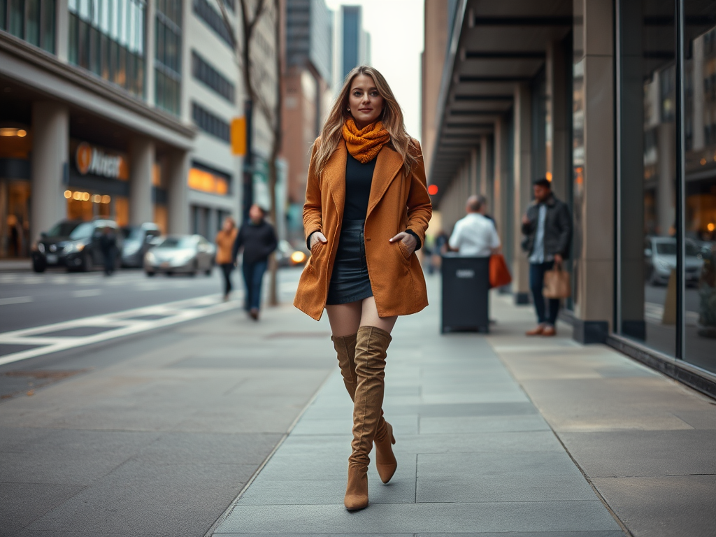 Een vrouw in een oranje jas en hoge laarzen loopt over een drukke straat omringd door andere mensen en winkels.