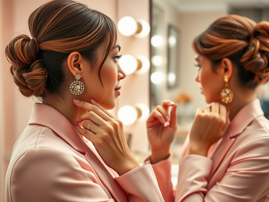 Een vrouw in een roze blazer kijkt in de spiegel en bewondert haar sieraden en kapsel.