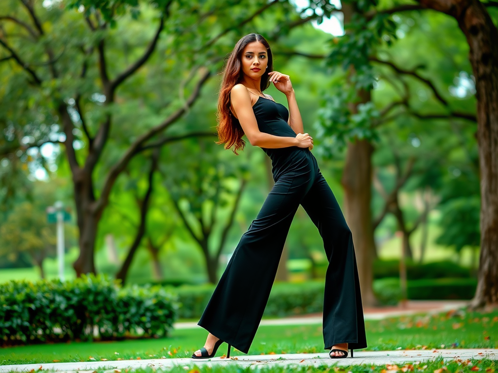 Een vrouw in een zwart jumpsuit poseert elegant in een park met groene bomen op de achtergrond.