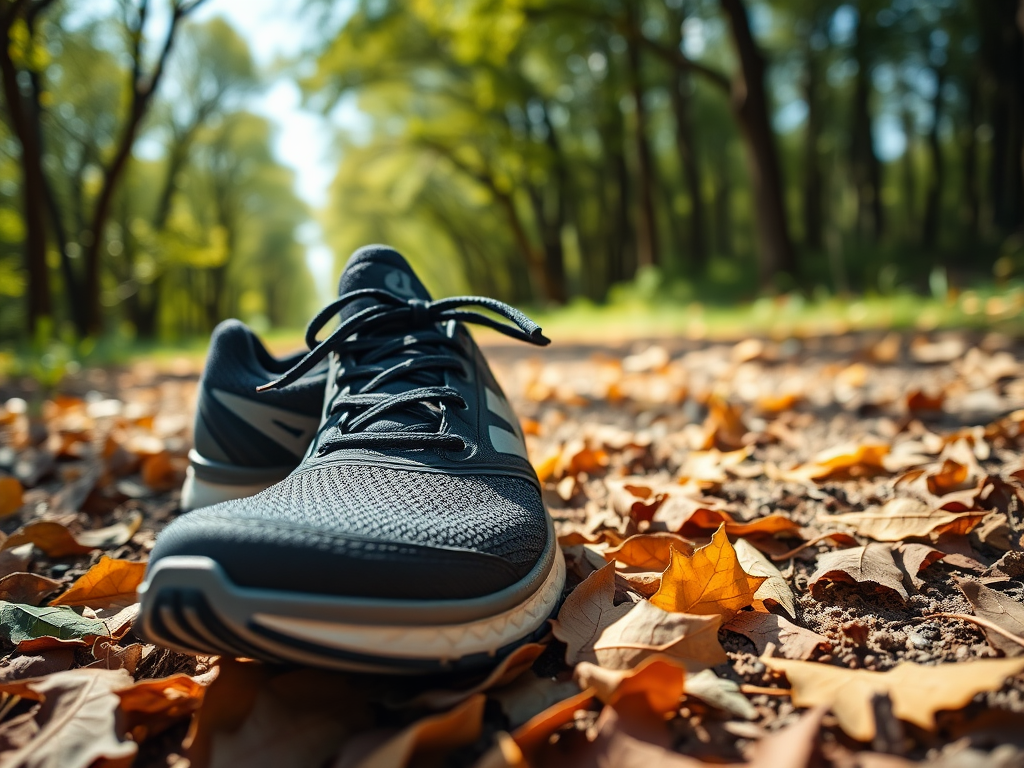 Een sportieve schoen ligt op de grond bedekt met bladeren in een zonovergoten bos.