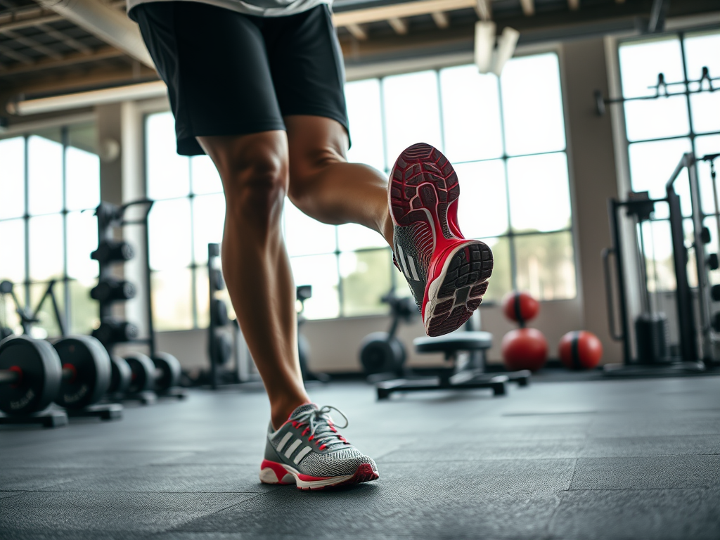 Een sportieve persoon loopt in een gym met fitnessapparatuur op de achtergrond en opgevallen sportschoenen.
