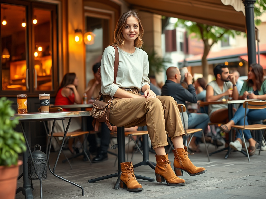 Een vrouw zit op een stoel in een café, omringd door mensen, met een ontspannen uitstraling en stijlvolle outfit.