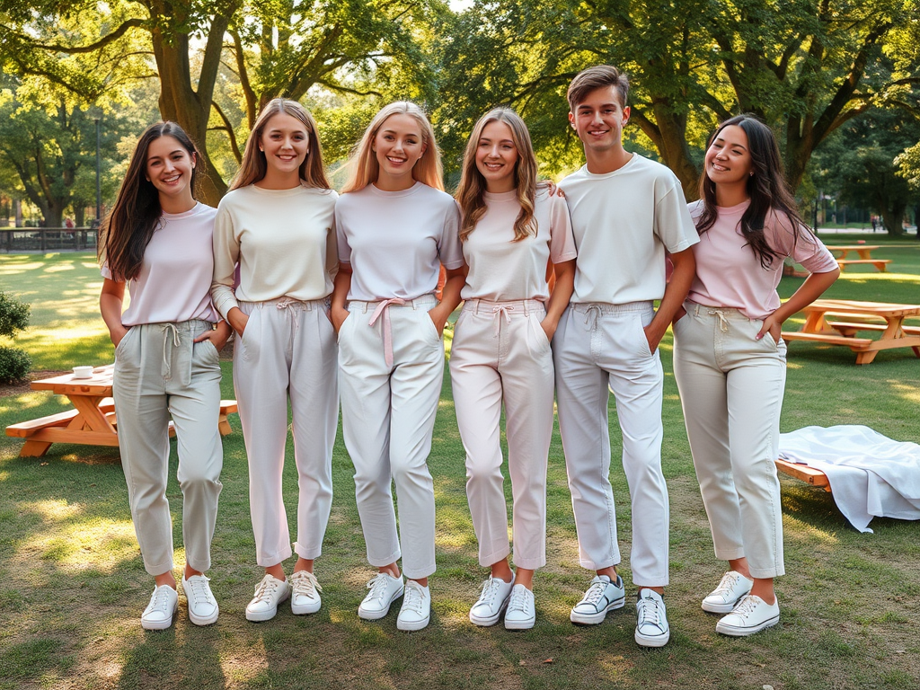 Zes jongeren staan in een park, gekleed in casual outfits met lichte kleuren en sneakers. Achtergrond vol bomen.