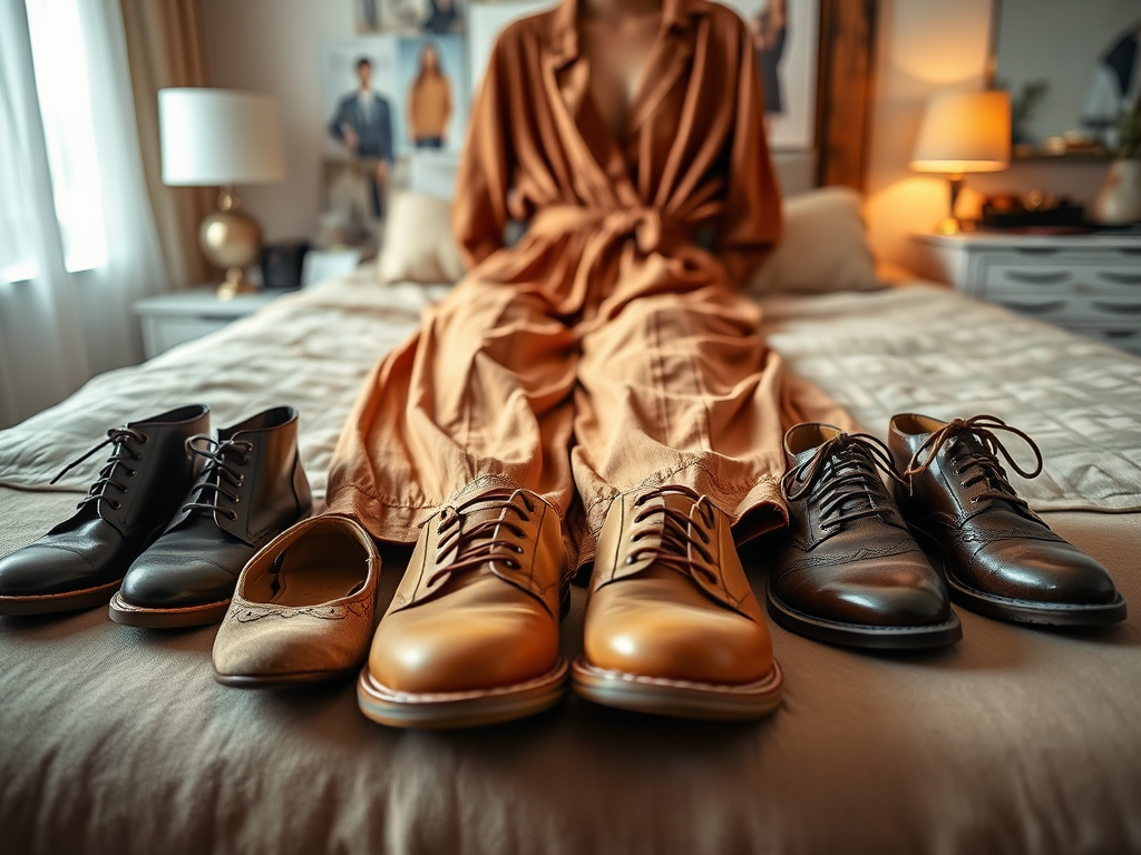 Een vrouw in een lange jurk zit op bed met verschillende paren schoenen opgesteld voor haar.