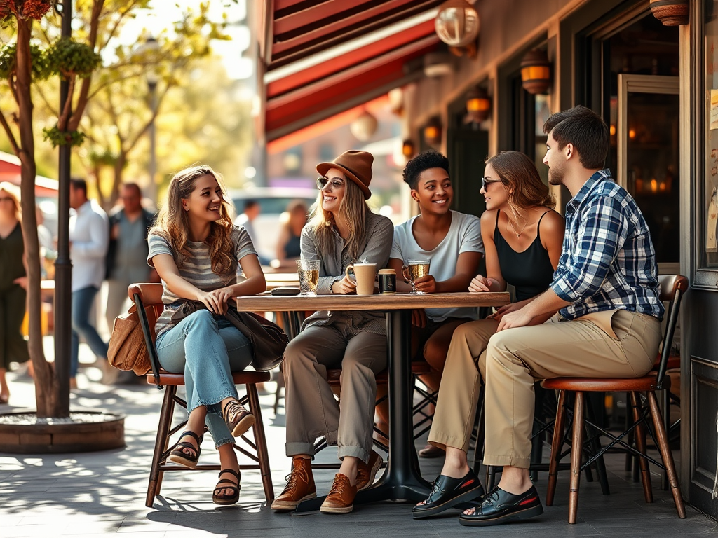 Vijf vrienden zitten samen aan een tafel buiten, genietend van hun drankjes en elkaars gezelschap.
