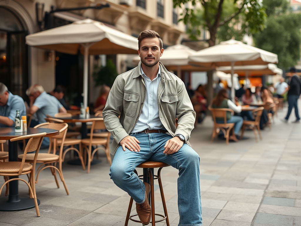 Een jonge man zit op een barkruk buiten een café, omringd door andere gasten en parasols.