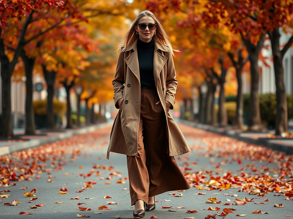 Een vrouw in een lange jas wandelt door een met bladeren bedekte straat in de herfst. Kleurrijke bomen omringen haar.