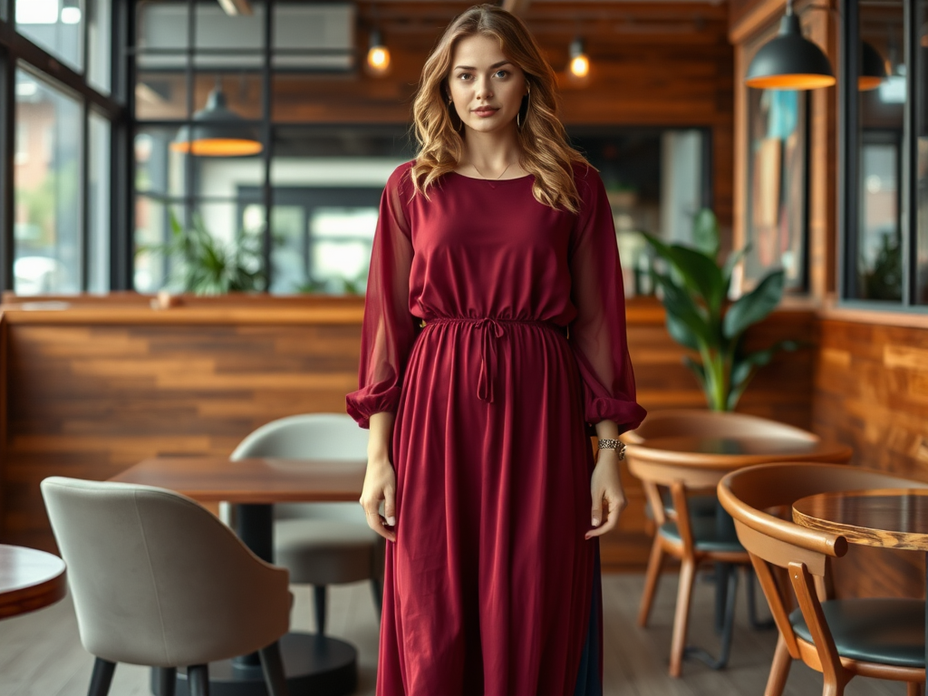 Een vrouw in een bordeauxrode jurk met lange mouwen staat in een moderne caféomgeving.