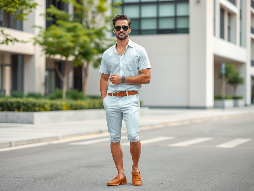 Een man staat op straat met een stijlvolle outfit, zonnebril en casual schoenen, voor moderne gebouwen.