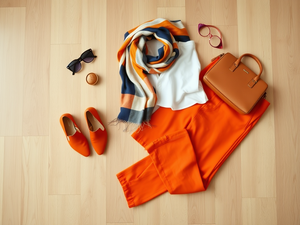 Een outfit met oranje broek, wit shirt, sjaal, handschoenen, tas en bijpassend schoeisel op een houten vloer.