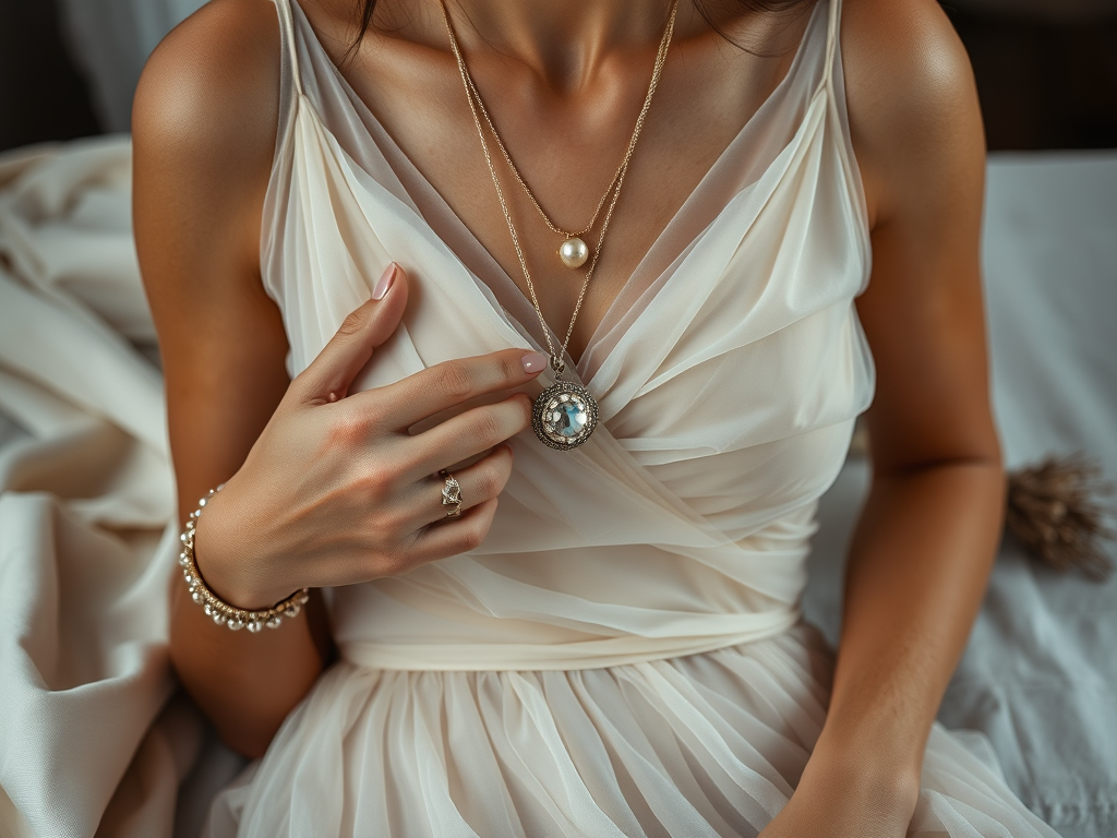 Een vrouw in een elegante jurk toont sieraden, waaronder een ketting en armband, met een zachte achtergrond.