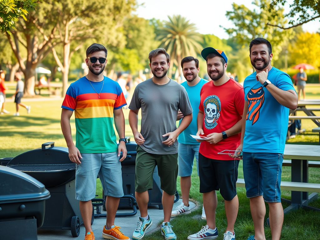 Vijf vrienden staan glimlachend bij een barbecue in een park, gekleed in kleurrijke t-shirts.
