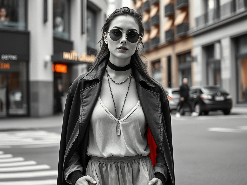 Een vrouw in een zwart-witte outfit met een leren jas en zonnebril, staand op straat in een stedelijke omgeving.