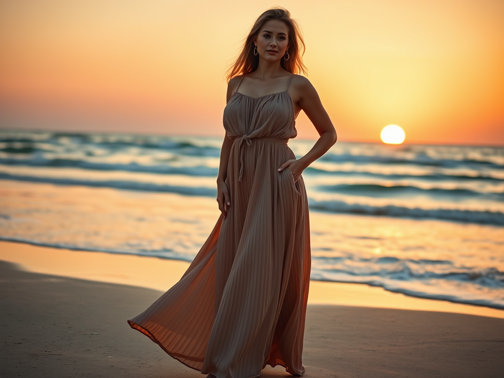Een vrouw in een lange jurk staat op het strand bij zonsondergang, met golven op de achtergrond.