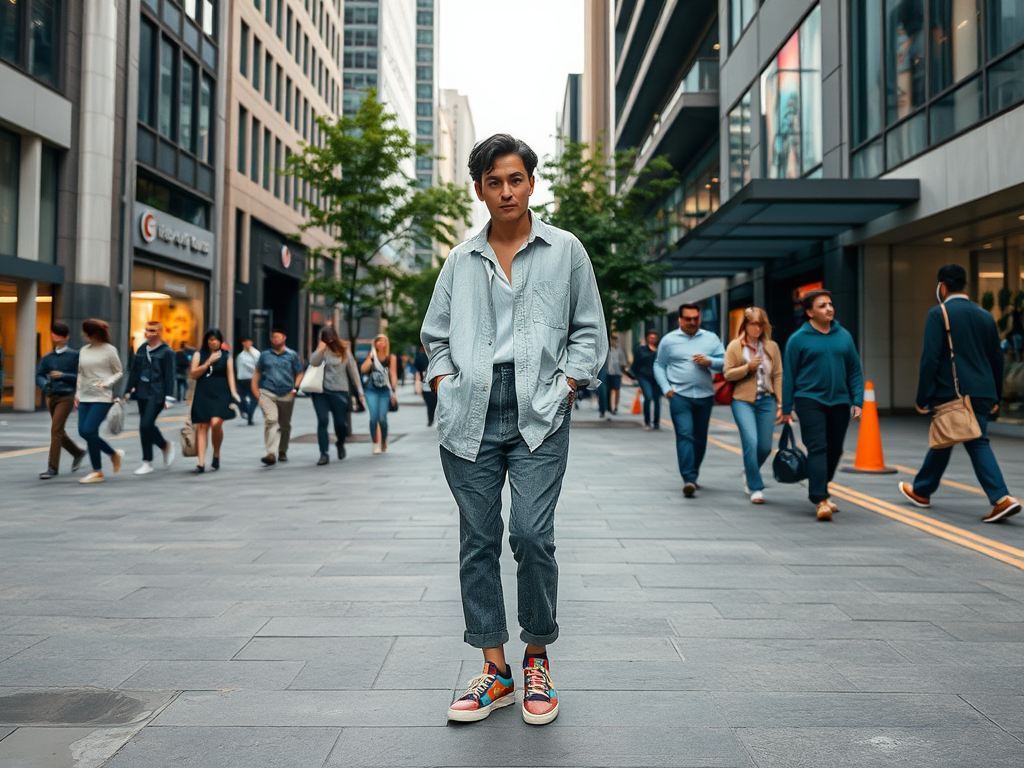Een jonge man in een lichte outfit staat op een drukke straat, omringd door voetgangers in een stedelijke omgeving.