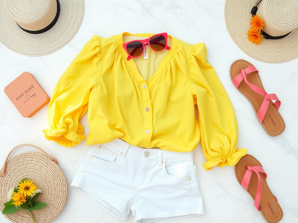 Een zonnige outfit met een gele blouse, witte shorts, slippers, hoed en een bloemetje. Perfect voor de zomer!