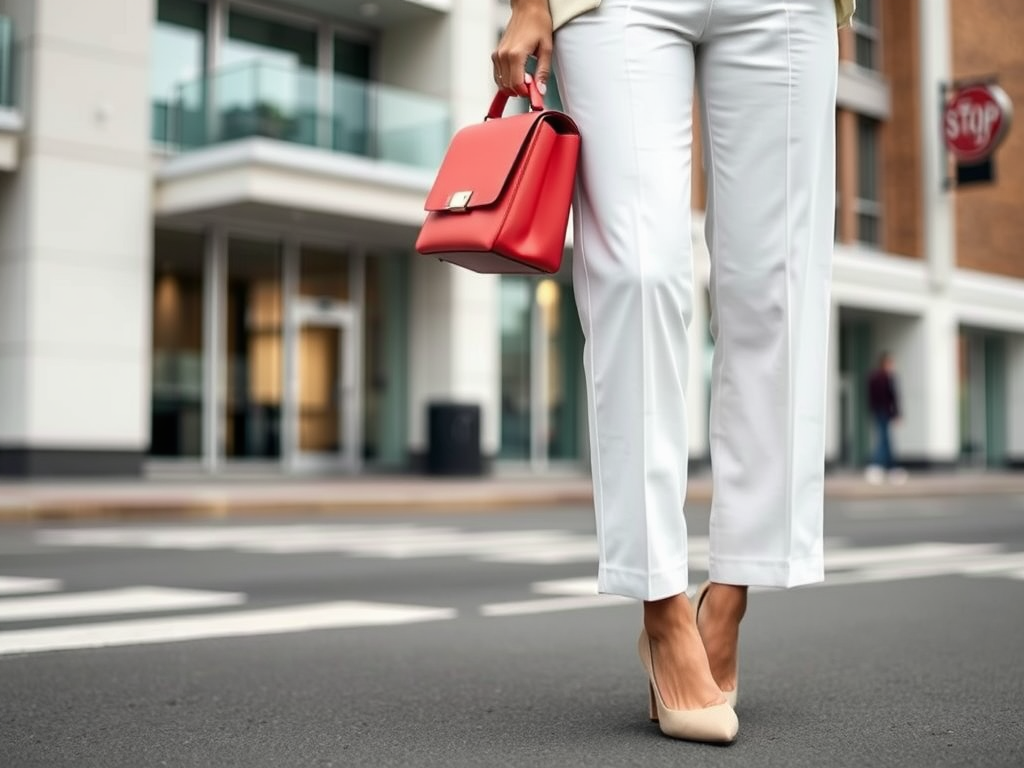 Een vrouw in witte broek en beige hakken houdt een rode handtas vast op straat. Achtergrond met gebouwen.