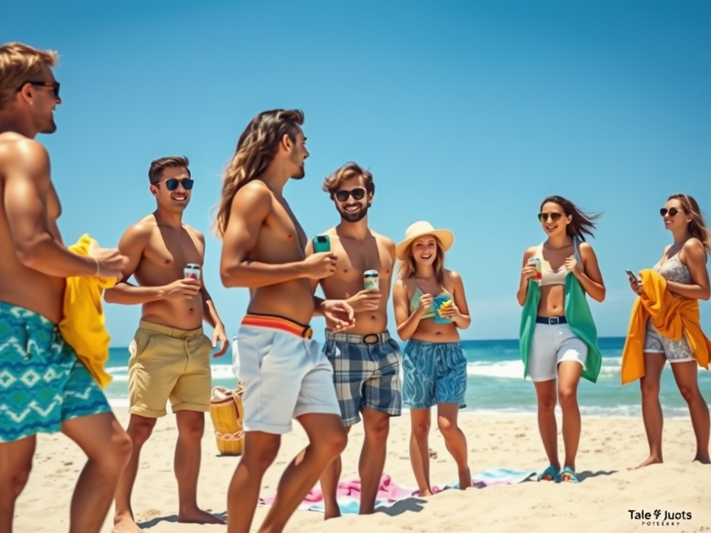 Een groepen vrienden geniet van een zonnige dag op het strand met drankjes en vrolijke gezichten.
