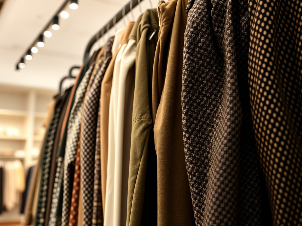 Een hangrek met verschillende kledingstukken in diverse kleuren en patronen, in een modewinkel.
