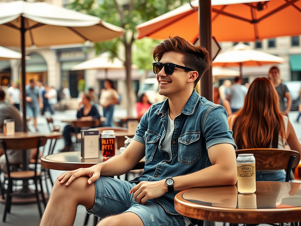 Een jonge man met zonnebril zit ontspannen aan een cafétafel met een drankje in de hand op een zonnige dag.