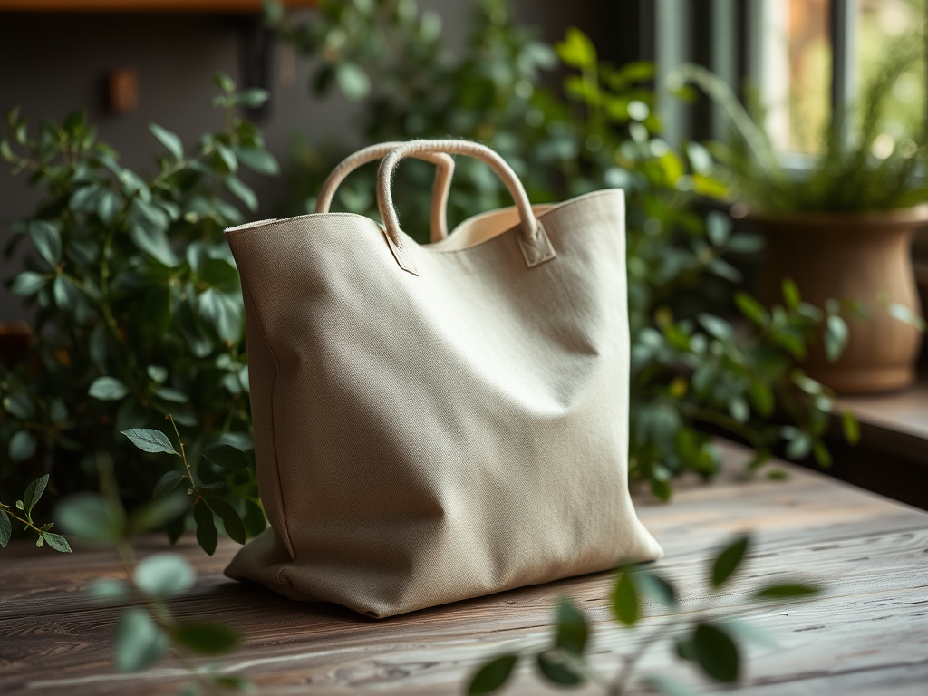 Een beige tas staat op een houten tafel, omringd door groene planten in een gezellige binnenruimte.