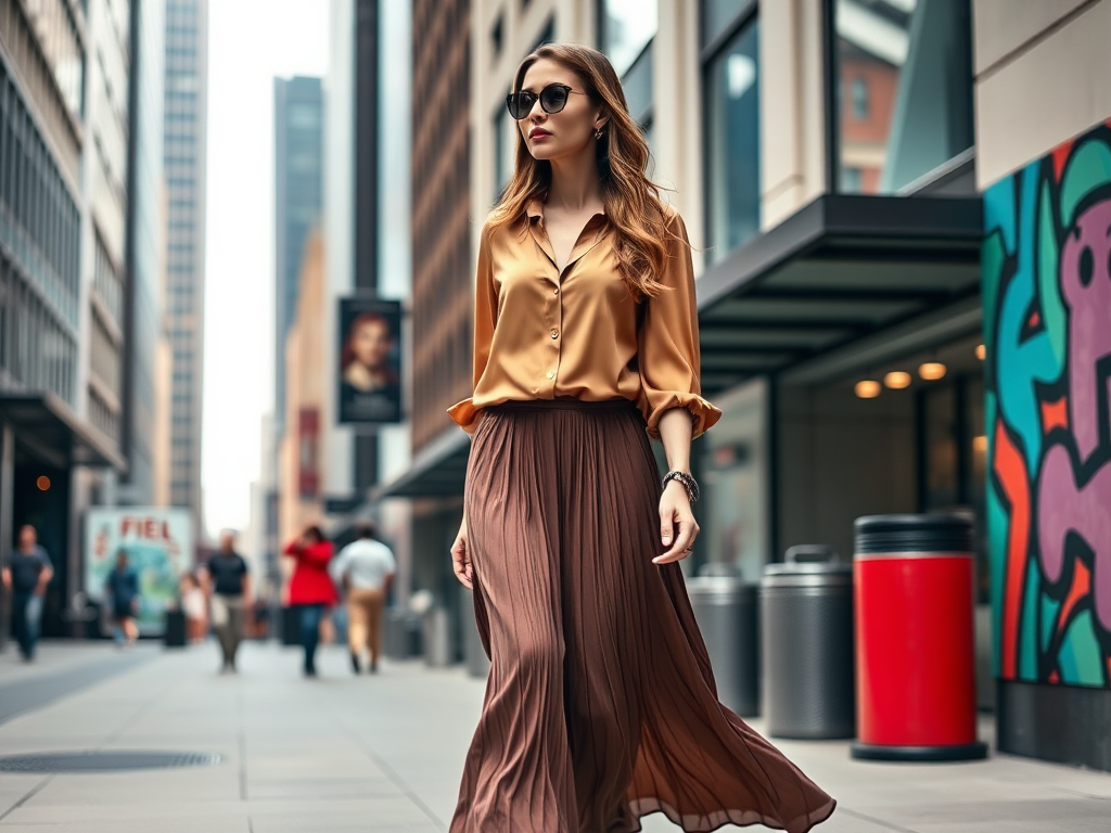 Een vrouw in een goudkleurige blouse en lange bruine rok loopt zelfverzekerd door de stad.