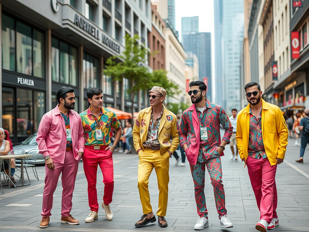 Vijf mannen in kleurrijke outfits lopen door een drukke straat in de stad. Moda en stijl staan centraal.