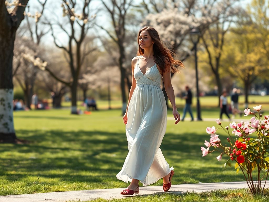 Een vrouw in een witte jurk wandelt door een zonnig park met bloeiende bomen en bloemen.