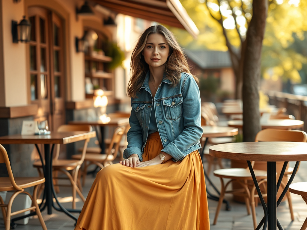 Een vrouw in een denim jack en gele jurk zit op een terras met houten tafels en stoelen, omringd door bomen.