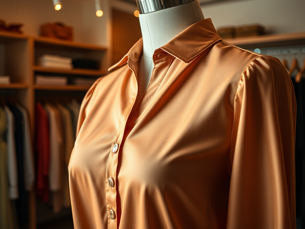 Een close-up van een oranje blouse met knopen, gepresenteerd op een paspop in een stijlvolle kledingwinkel.