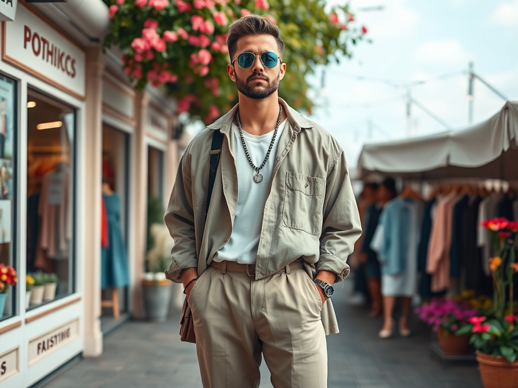 Een man in een beige outfit met zonnebril staat op een levendige marktplaats met bloemen en kledingwinkels.