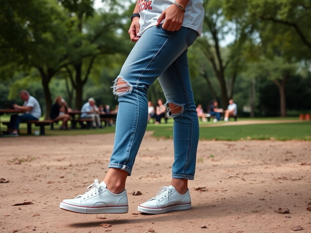 Een persoon in gescheurde spijkerbroek en witte sneakers loopt in een park met bomen en mensen op de achtergrond.