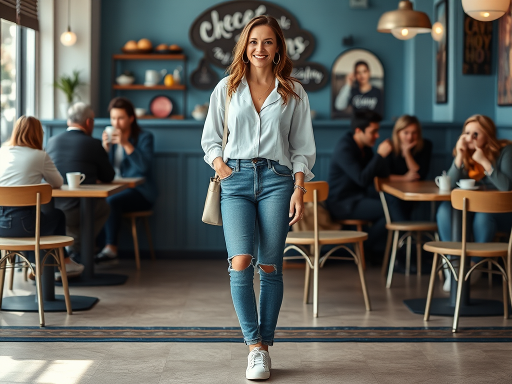 Een vrouw in een casual outfit wandelt door een café met mensen die aan tafels zitten en met elkaar praten.